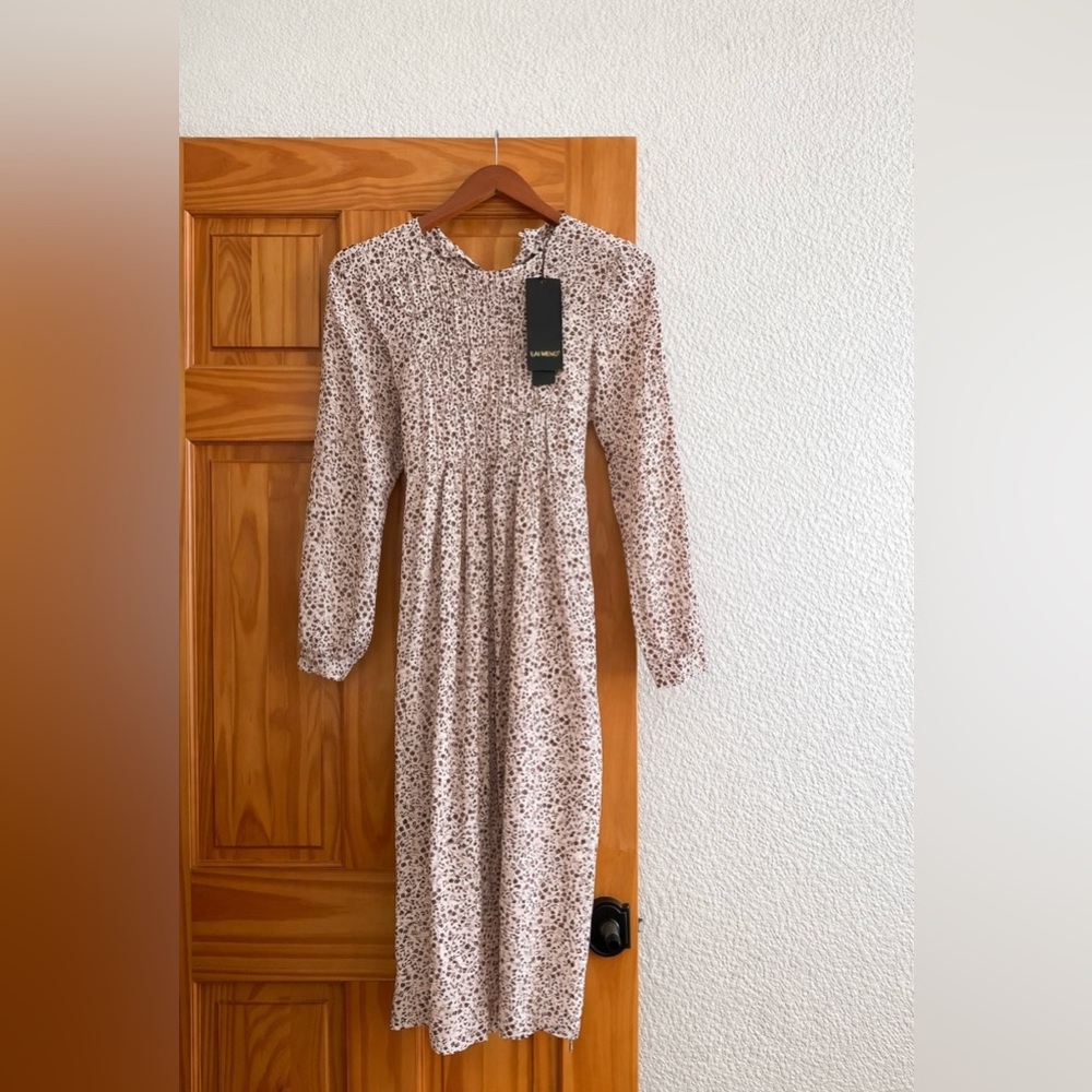 Cream Brown Floral Long Sleeve Dress
